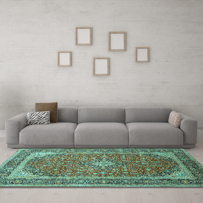 Machine Washable Persian Turquoise Traditional Area Rugs in a Living Room,, wshtr993turq