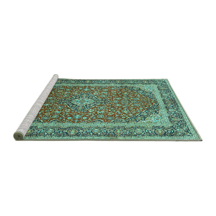 Sideview of Machine Washable Persian Turquoise Traditional Area Rugs, wshtr993turq