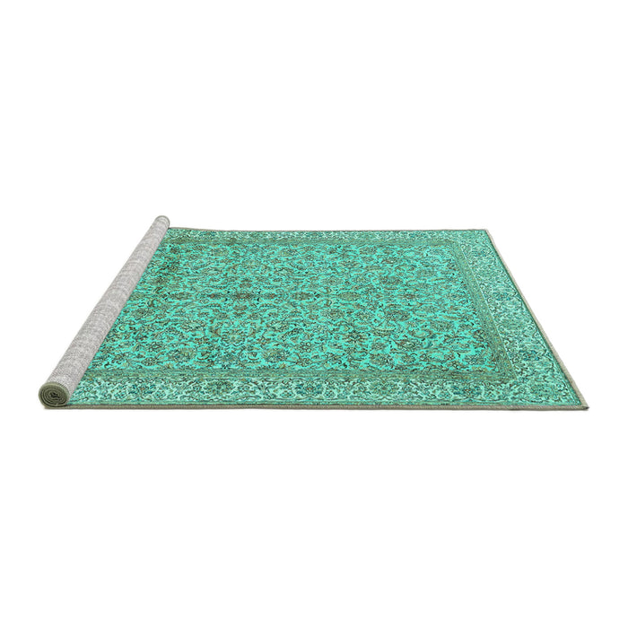 Sideview of Machine Washable Persian Turquoise Traditional Area Rugs, wshtr995turq
