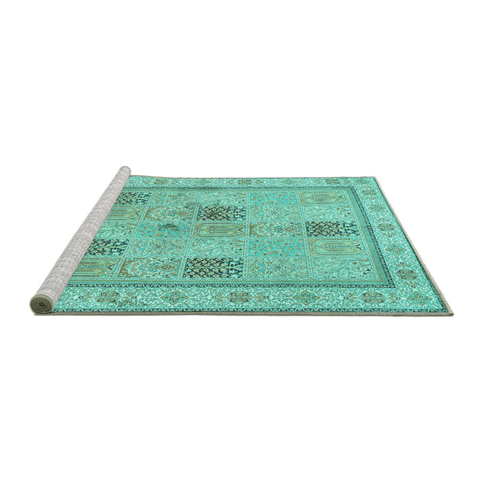 Sideview of Machine Washable Persian Turquoise Traditional Area Rugs, wshtr996turq