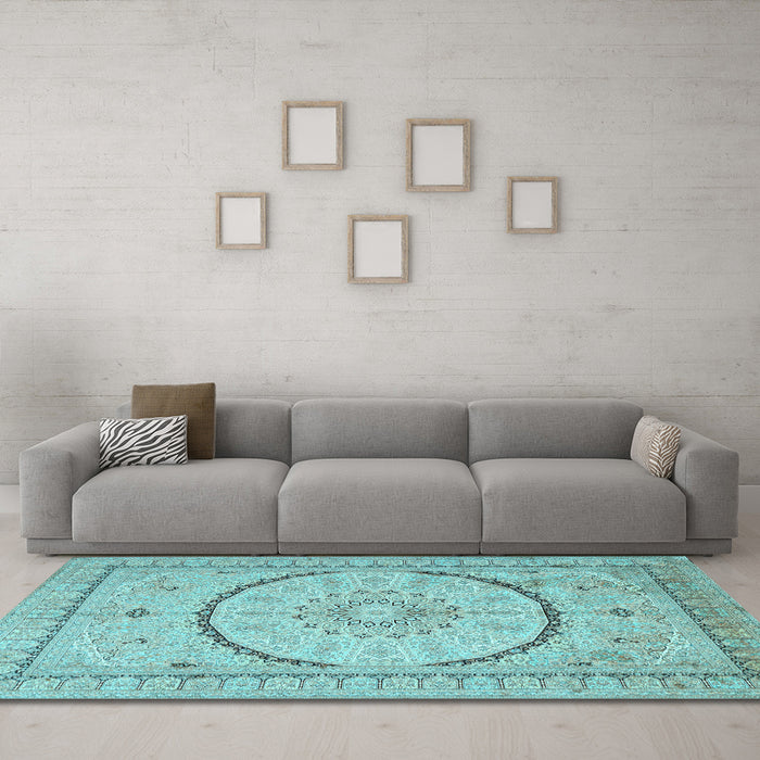 Machine Washable Medallion Light Blue Traditional Rug in a Living Room, wshtr997lblu