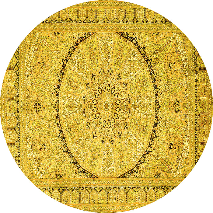 Round Machine Washable Medallion Yellow Traditional Rug, wshtr997yw