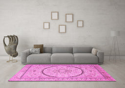 Machine Washable Medallion Pink Traditional Rug in a Living Room, wshtr997pnk