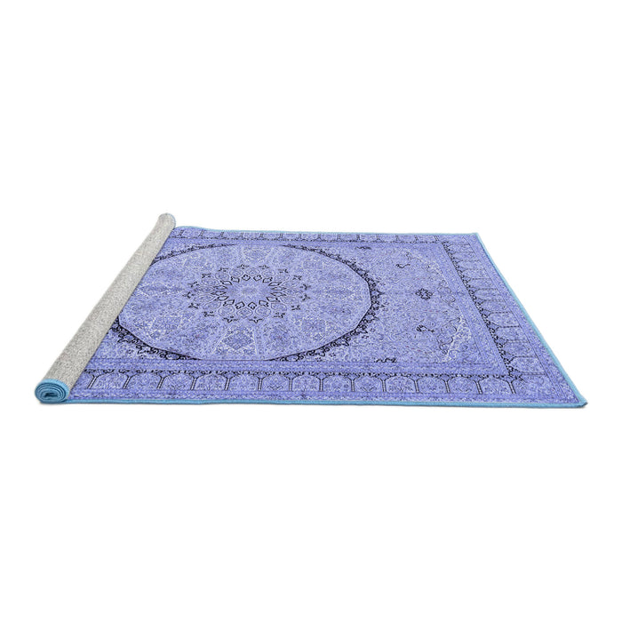 Sideview of Machine Washable Medallion Blue Traditional Rug, wshtr997blu