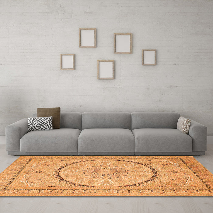 Machine Washable Medallion Orange Traditional Area Rugs in a Living Room, wshtr997org