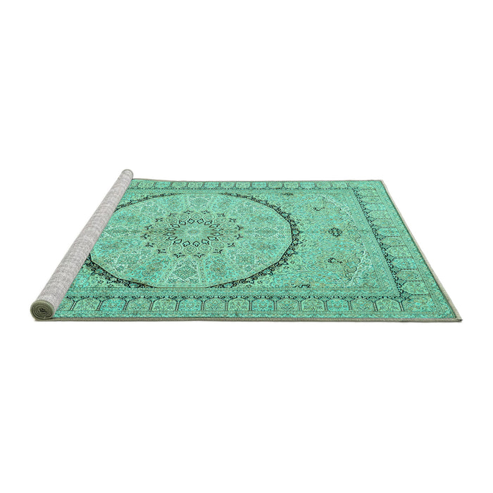 Sideview of Machine Washable Medallion Turquoise Traditional Area Rugs, wshtr997turq