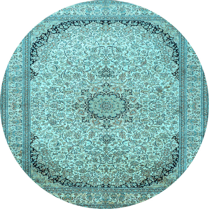 Round Machine Washable Medallion Light Blue Traditional Rug, wshtr999lblu