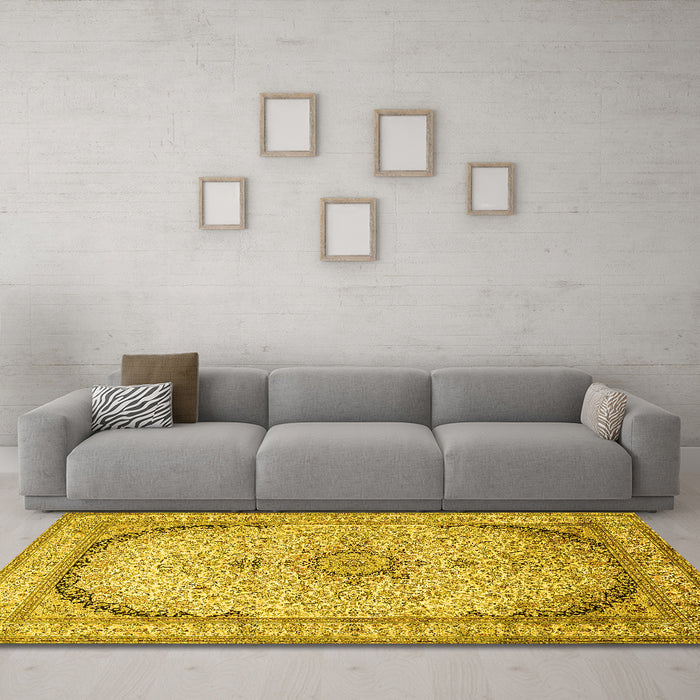 Machine Washable Medallion Yellow Traditional Rug in a Living Room, wshtr999yw