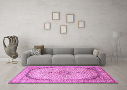Machine Washable Medallion Pink Traditional Rug in a Living Room, wshtr999pnk
