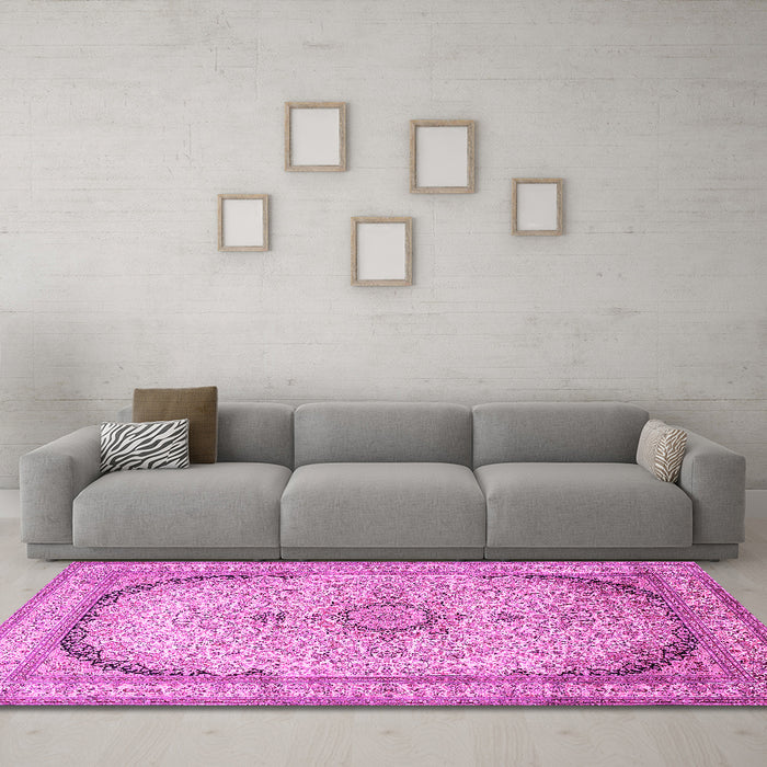 Machine Washable Medallion Pink Traditional Rug in a Living Room, wshtr999pnk