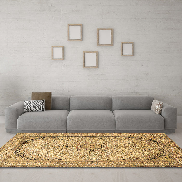 Machine Washable Medallion Brown Traditional Rug in a Living Room,, wshtr999brn