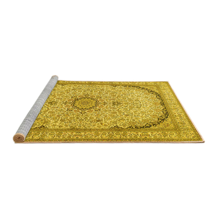Sideview of Machine Washable Medallion Yellow Traditional Rug, wshtr999yw