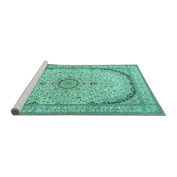 Sideview of Machine Washable Medallion Turquoise Traditional Area Rugs, wshtr999turq