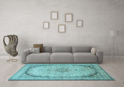 Machine Washable Medallion Light Blue Traditional Rug in a Living Room, wshtr999lblu
