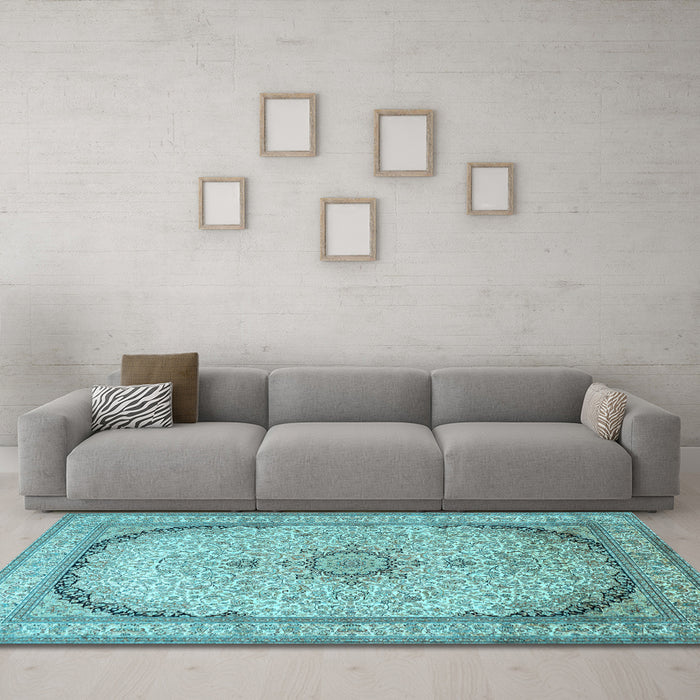 Machine Washable Medallion Light Blue Traditional Rug in a Living Room, wshtr999lblu