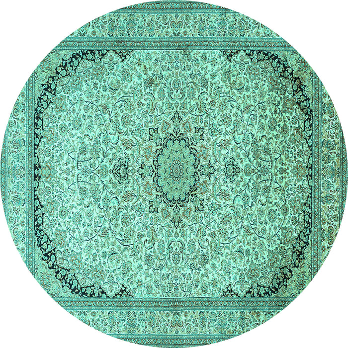 Round Machine Washable Medallion Turquoise Traditional Area Rugs, wshtr999turq
