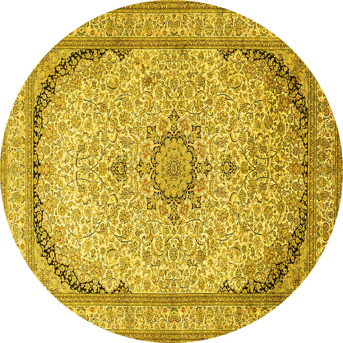 Round Machine Washable Medallion Yellow Traditional Rug, wshtr999yw