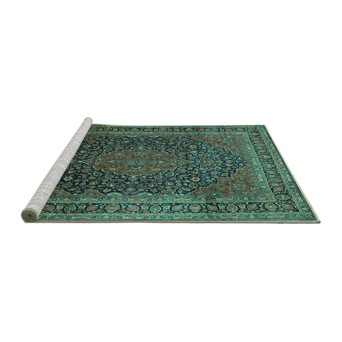 Sideview of Machine Washable Medallion Turquoise Traditional Area Rugs, wshtr99turq