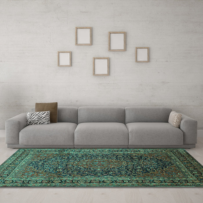 Machine Washable Medallion Turquoise Traditional Area Rugs in a Living Room,, wshtr99turq