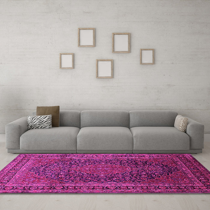 Machine Washable Medallion Pink Traditional Rug in a Living Room, wshtr99pnk