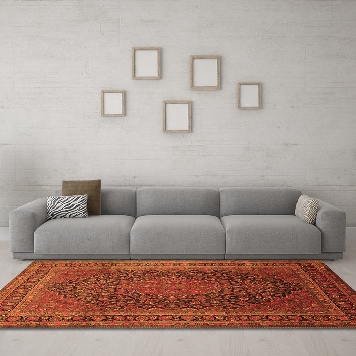 Machine Washable Medallion Orange Traditional Area Rugs in a Living Room, wshtr99org