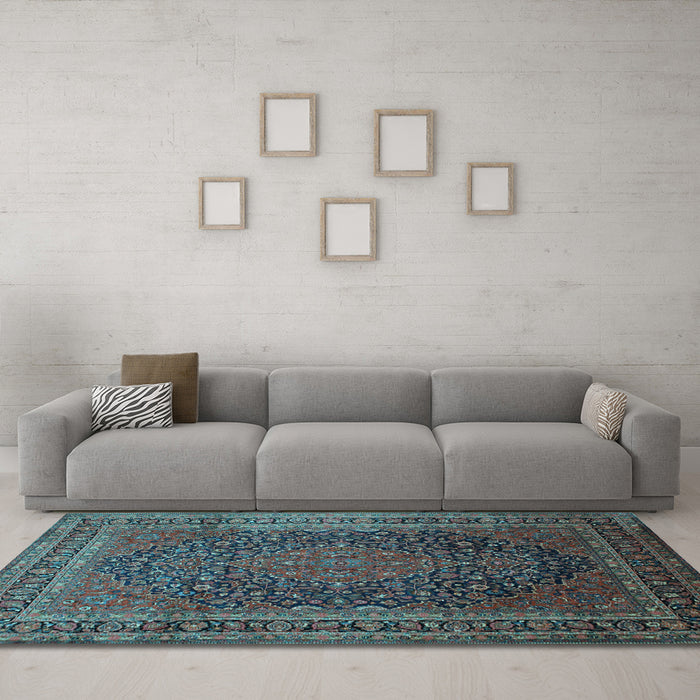 Machine Washable Medallion Light Blue Traditional Rug in a Living Room, wshtr99lblu