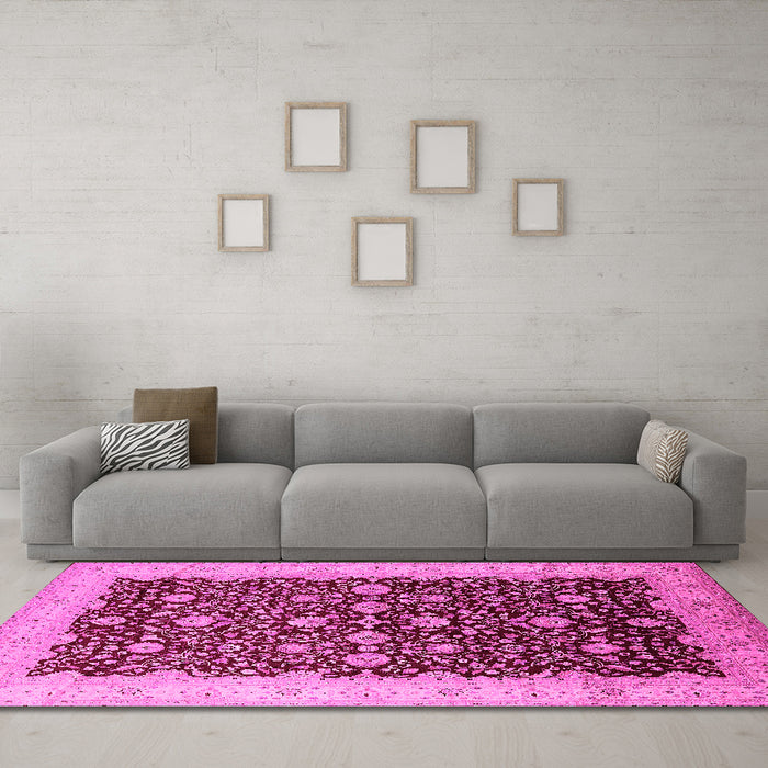 Machine Washable Oriental Pink Traditional Rug in a Living Room, wshurb1001pnk