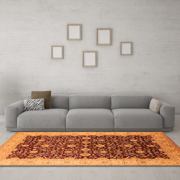 Machine Washable Oriental Orange Traditional Area Rugs in a Living Room, wshurb1001org