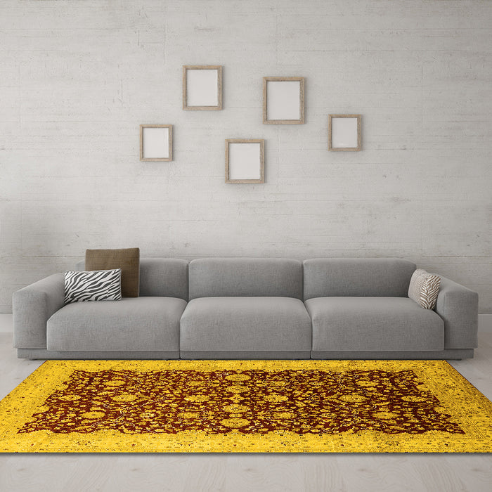 Machine Washable Oriental Yellow Traditional Rug in a Living Room, wshurb1001yw