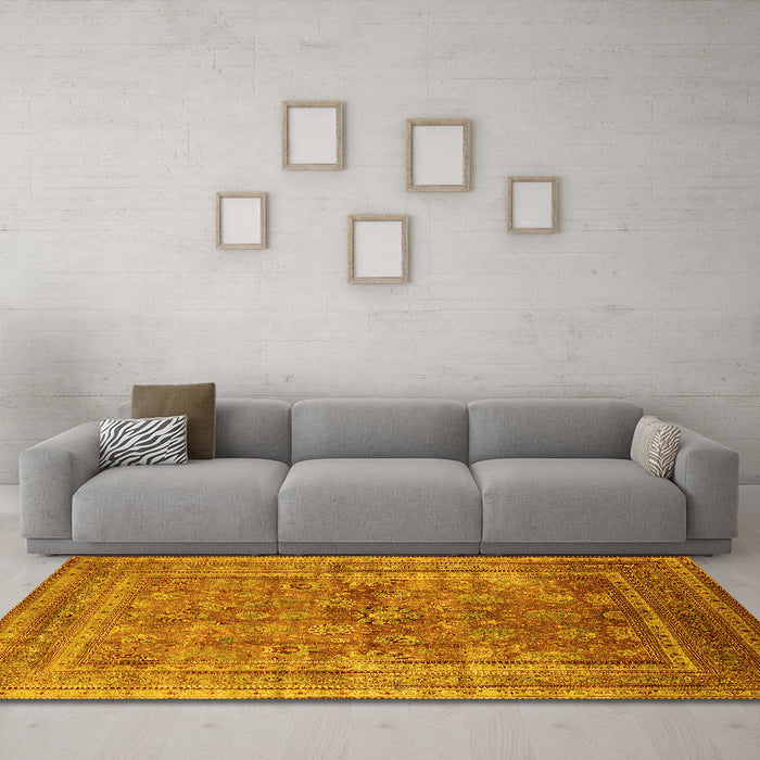 Machine Washable Oriental Yellow Industrial Rug in a Living Room, wshurb1002yw
