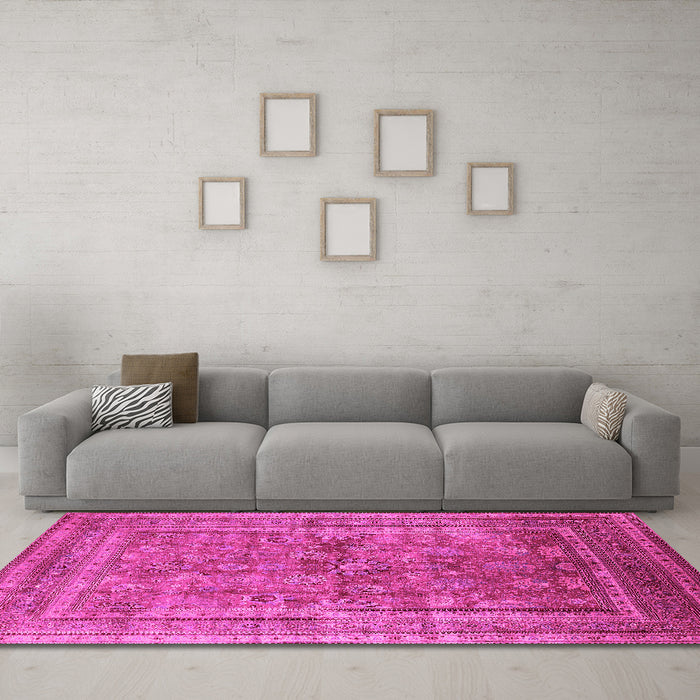 Machine Washable Oriental Pink Industrial Rug in a Living Room, wshurb1002pnk