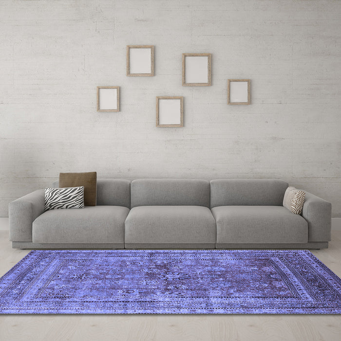 Machine Washable Oriental Blue Industrial Rug in a Living Room, wshurb1002blu