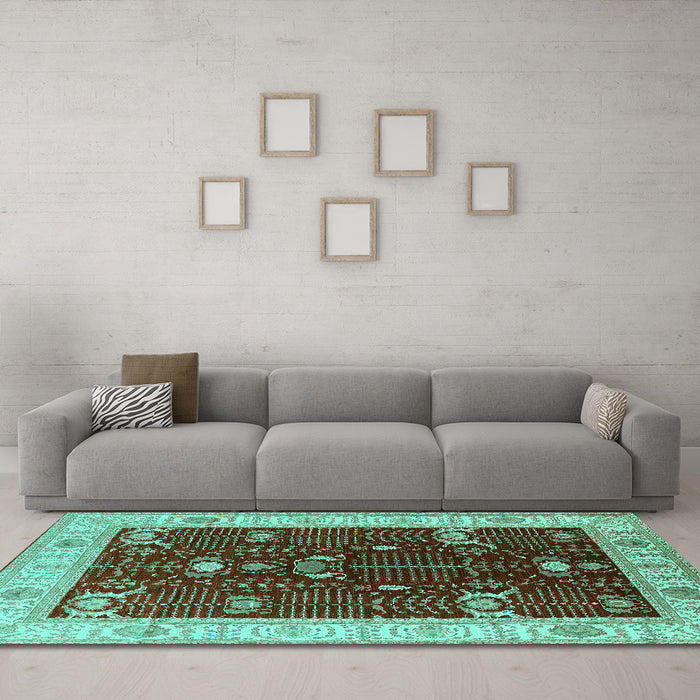 Machine Washable Oriental Turquoise Industrial Area Rugs in a Living Room,, wshurb1003turq