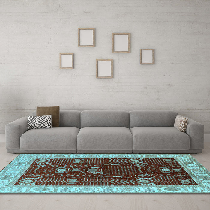 Machine Washable Oriental Light Blue Industrial Rug in a Living Room, wshurb1003lblu