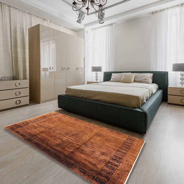 Mid-Century Modern Neon Orange Oriental Rug in a Bedroom, urb1004
