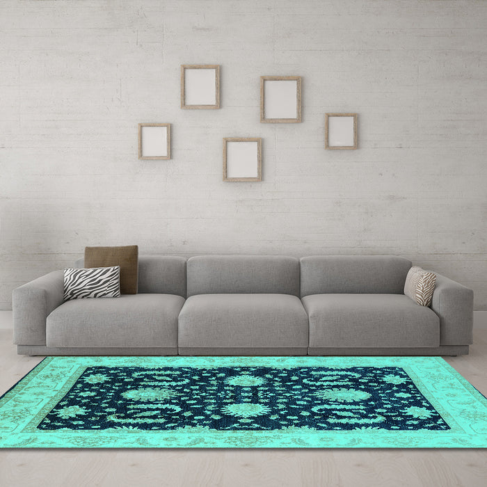 Machine Washable Oriental Turquoise Industrial Area Rugs in a Living Room,, wshurb1007turq