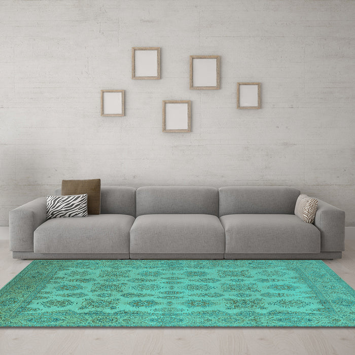 Machine Washable Oriental Turquoise Industrial Area Rugs in a Living Room,, wshurb1008turq