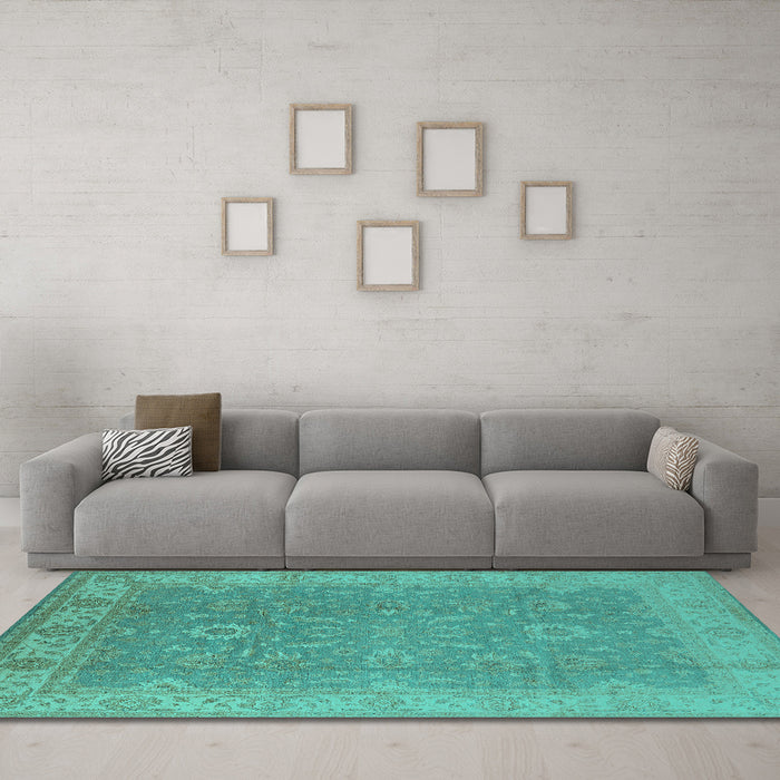 Machine Washable Oriental Turquoise Industrial Area Rugs in a Living Room,, wshurb1009turq