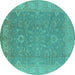 Round Machine Washable Oriental Turquoise Industrial Area Rugs, wshurb1009turq