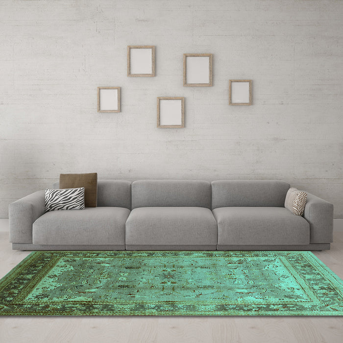 Machine Washable Oriental Turquoise Industrial Area Rugs in a Living Room,, wshurb1012turq