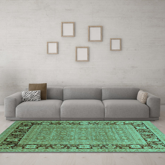 Machine Washable Oriental Turquoise Industrial Area Rugs in a Living Room,, wshurb1013turq