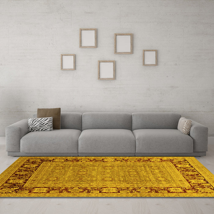 Machine Washable Oriental Yellow Industrial Rug in a Living Room, wshurb1013yw