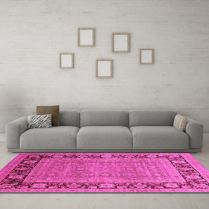 Machine Washable Oriental Pink Industrial Rug in a Living Room, wshurb1013pnk