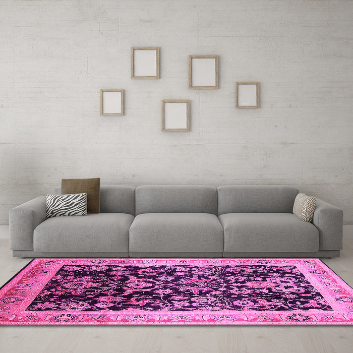 Machine Washable Oriental Pink Industrial Rug in a Living Room, wshurb1014pnk