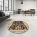 Round Mid-Century Modern Bakers Brown Oriental Rug in a Office, urb1014