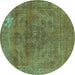 Round Machine Washable Oriental Turquoise Industrial Area Rugs, wshurb1025turq