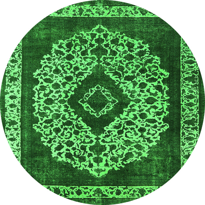 Round Machine Washable Oriental Green Industrial Area Rugs, wshurb1032grn