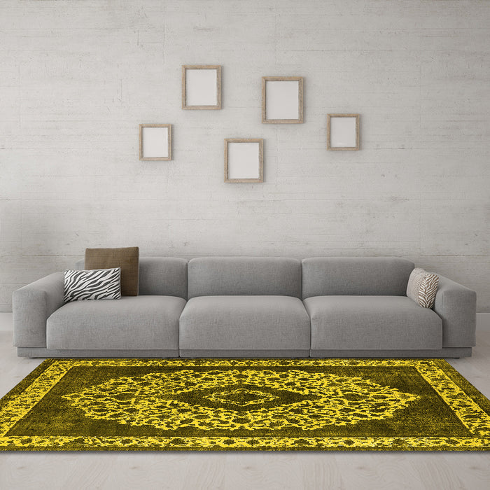 Machine Washable Oriental Yellow Industrial Rug in a Living Room, wshurb1032yw