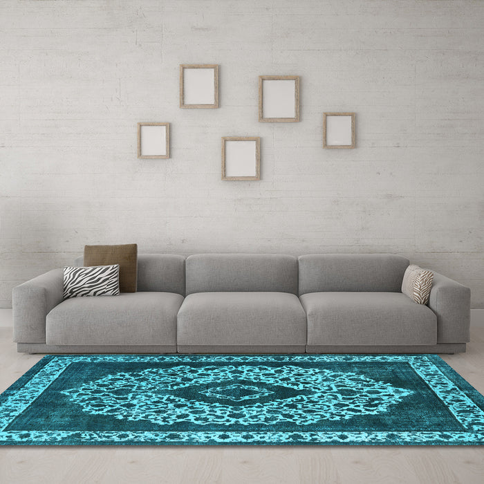 Machine Washable Oriental Light Blue Industrial Rug in a Living Room, wshurb1032lblu
