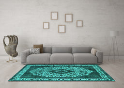 Machine Washable Oriental Turquoise Industrial Area Rugs in a Living Room,, wshurb1032turq